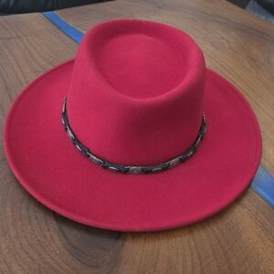 Scala Vintage Vibrant Red Wide-Brim Hat with Brown Leather Band.